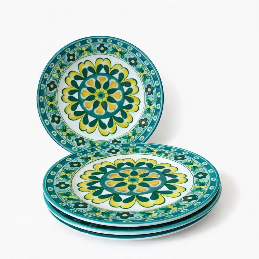 Set of 4 Spanish Style Floral Medallion Melamine Dinner Plates 11.25”